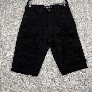 Smoke Rise Black Distressed Denim Shorts Mens 34 Ripped Raw Hem Streetwear